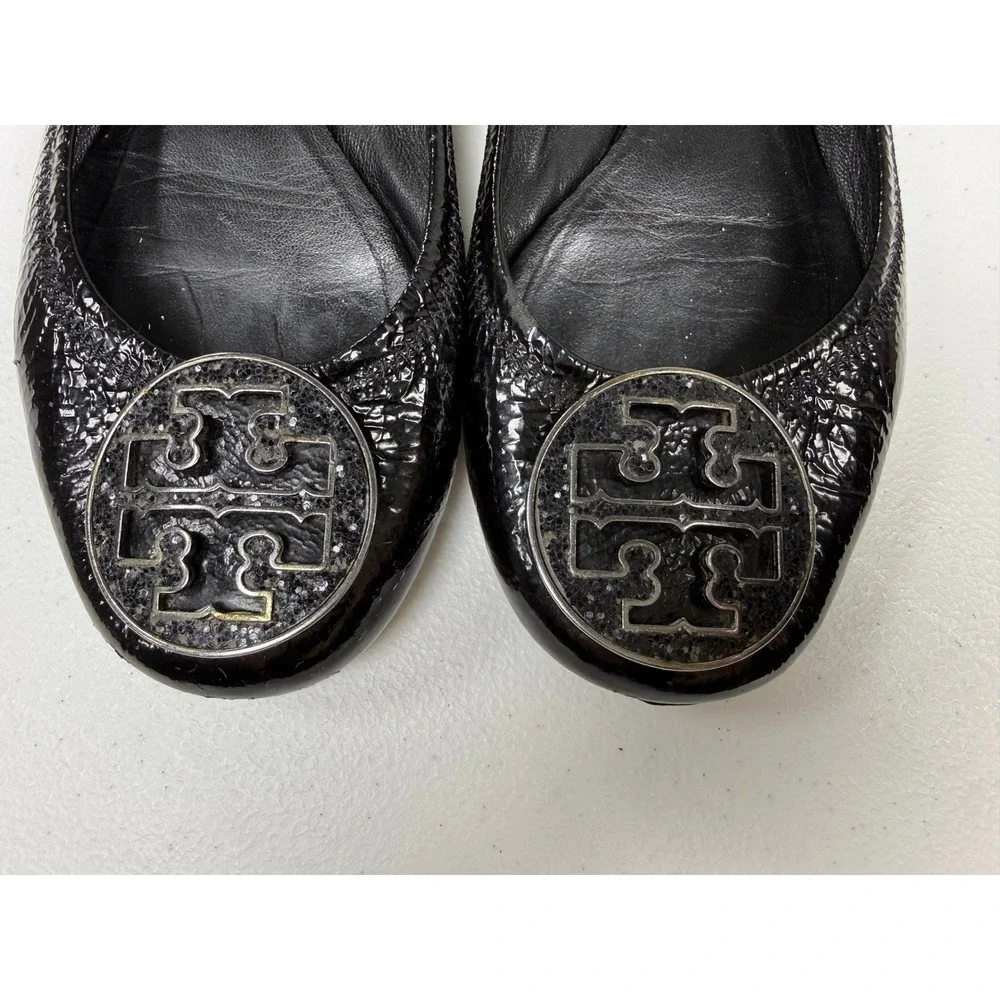 Tory Burch Reva Ballet Flats Women 7 Black Patent Leather Logo Glitter Medallion